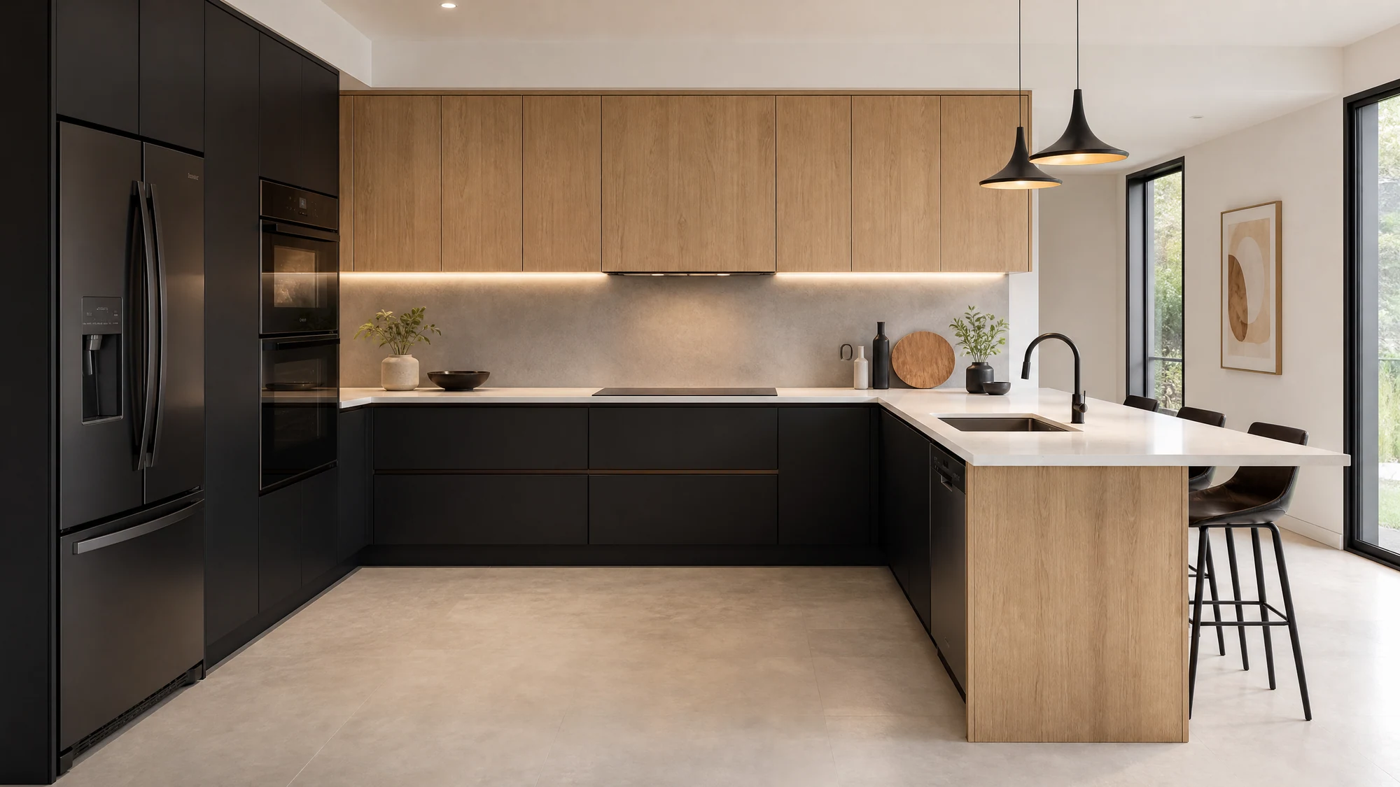 Black and oak kitchen cabinetry with a peninsula, demonstrating the Cabix kitchen collection