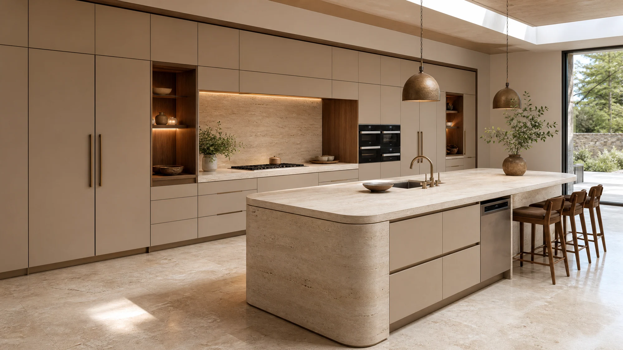 Sand-coloured kitchen cabinetry with a travertine island and warm natural light