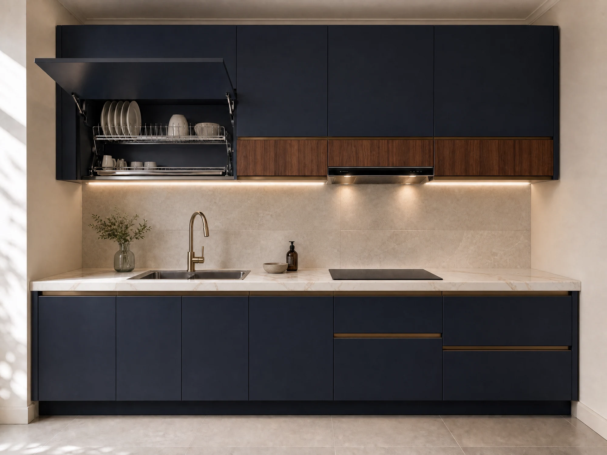 8ft kitchen — navy & walnut