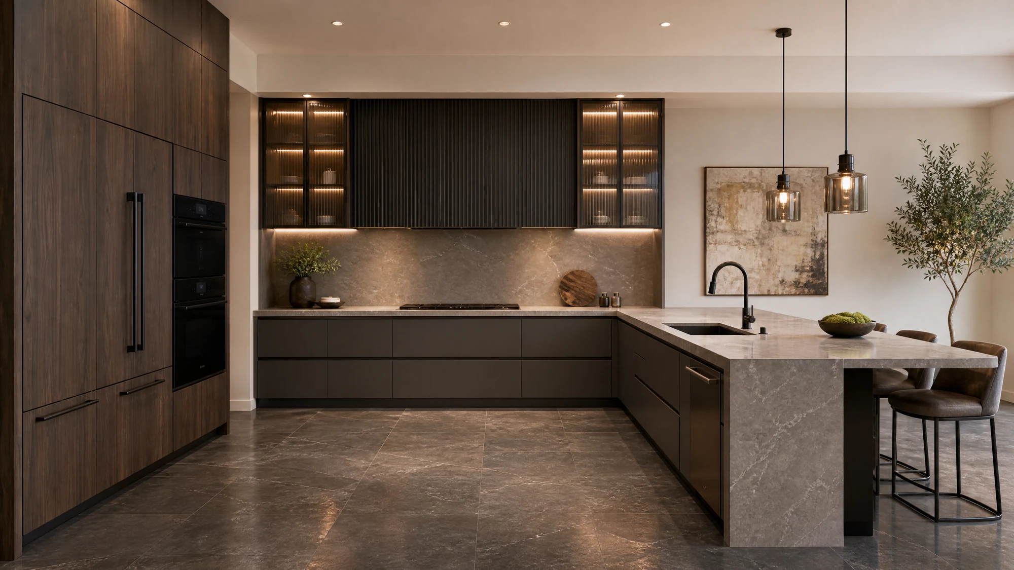 Spacious custom L-shaped kitchen with a peninsula and full-height cabinetry