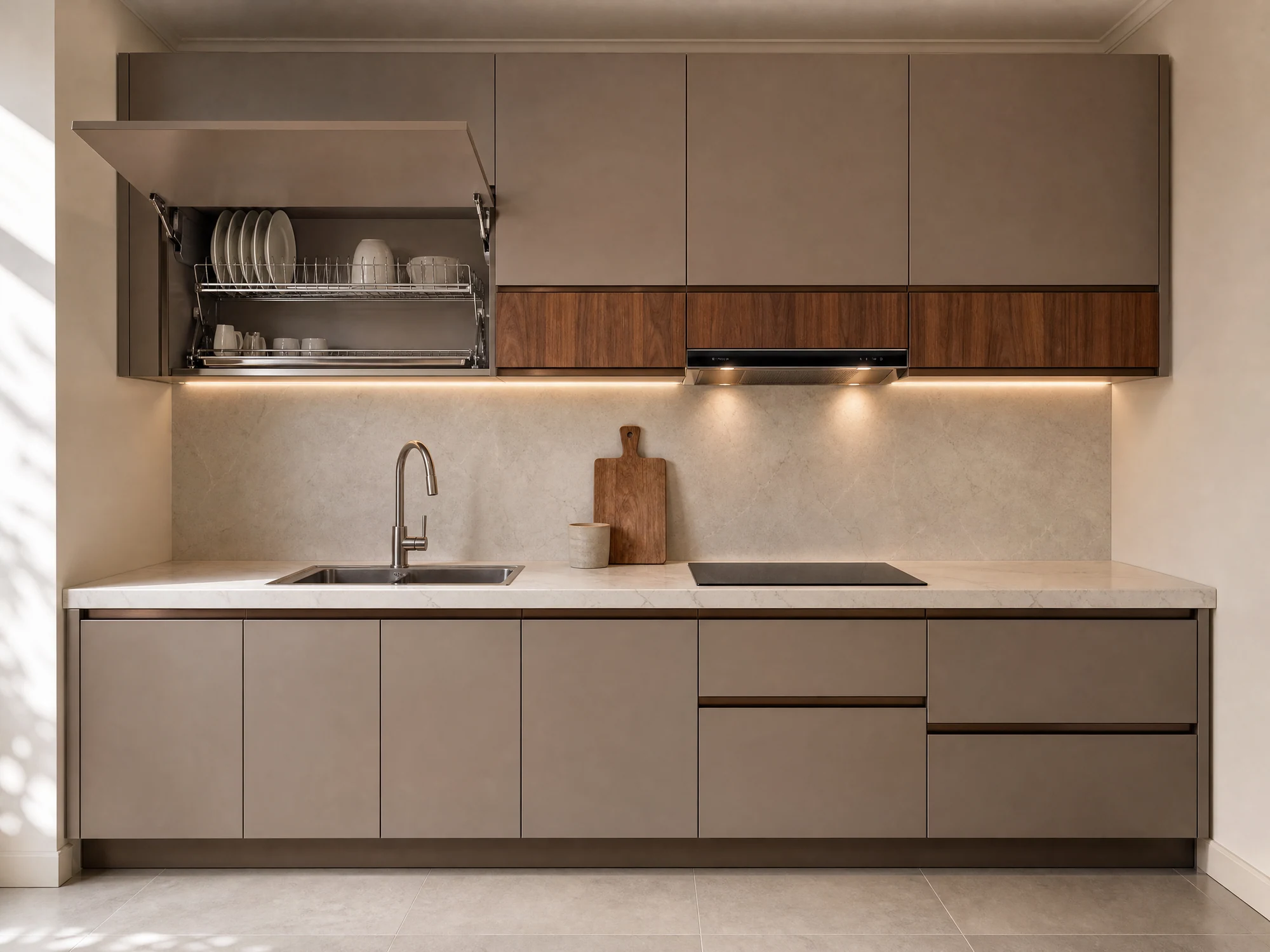 Complete eight-foot aluminium honeycomb kitchen cabinet with quartz countertop
