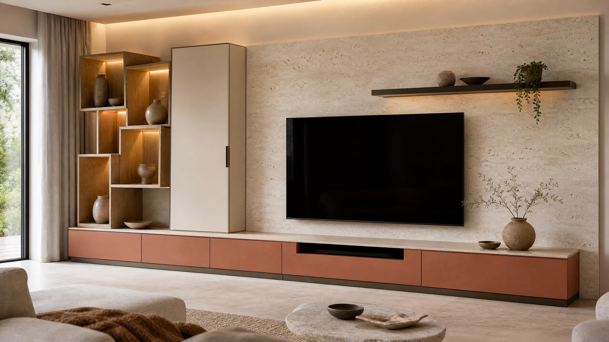 Asymmetric clay and travertine TV cabinet with concealed storage and display shelving