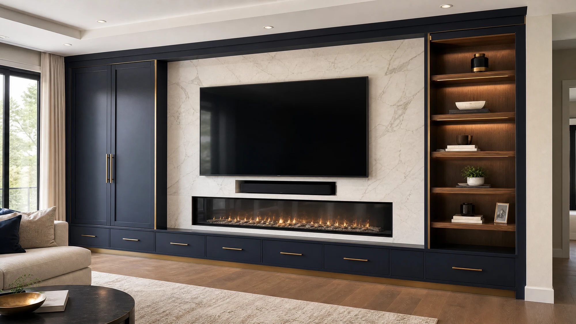 TV cabinet — navy fireplace wall
