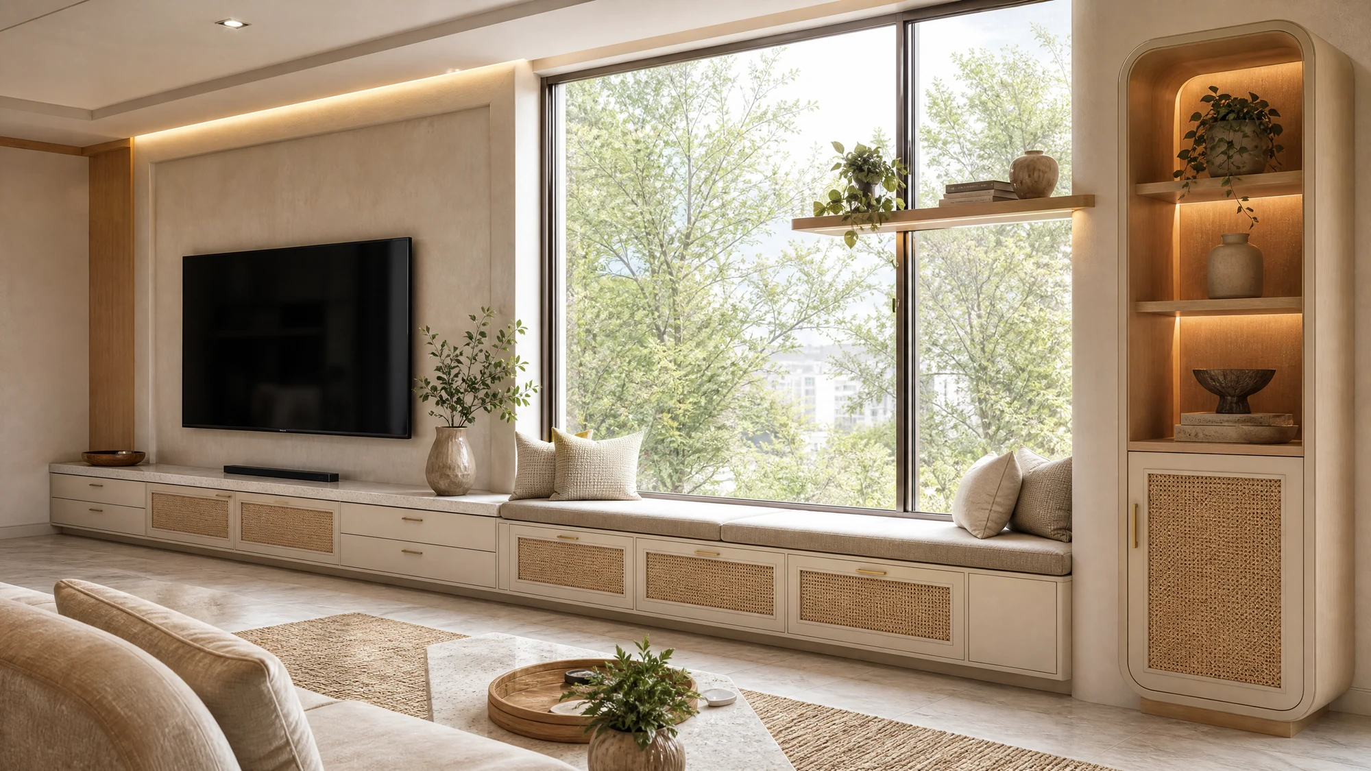 TV cabinet — cream cane window wall