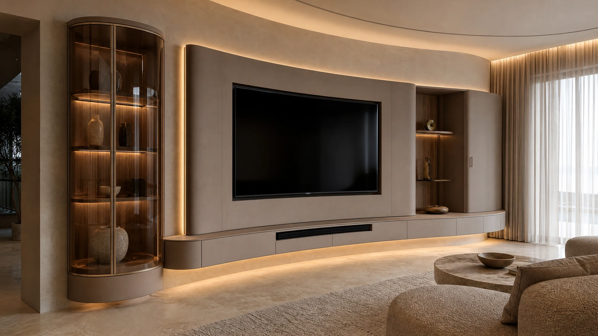 TV cabinet — taupe curved luxury