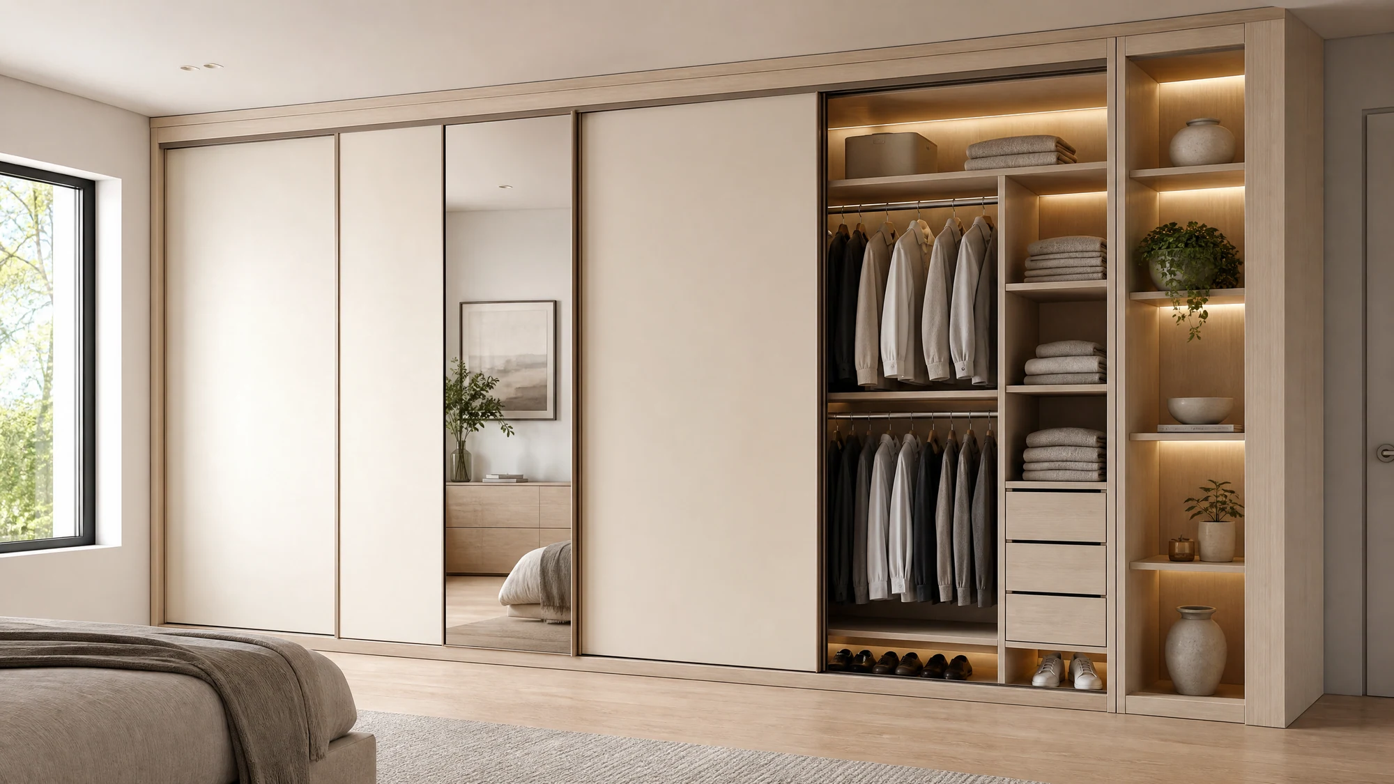White and oak sliding wardrobe with softly lit interior storage