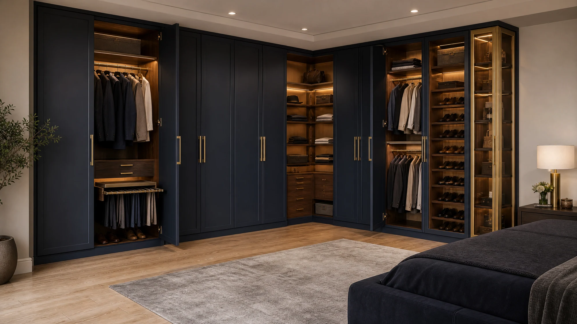 Wardrobe — navy brass L-corner